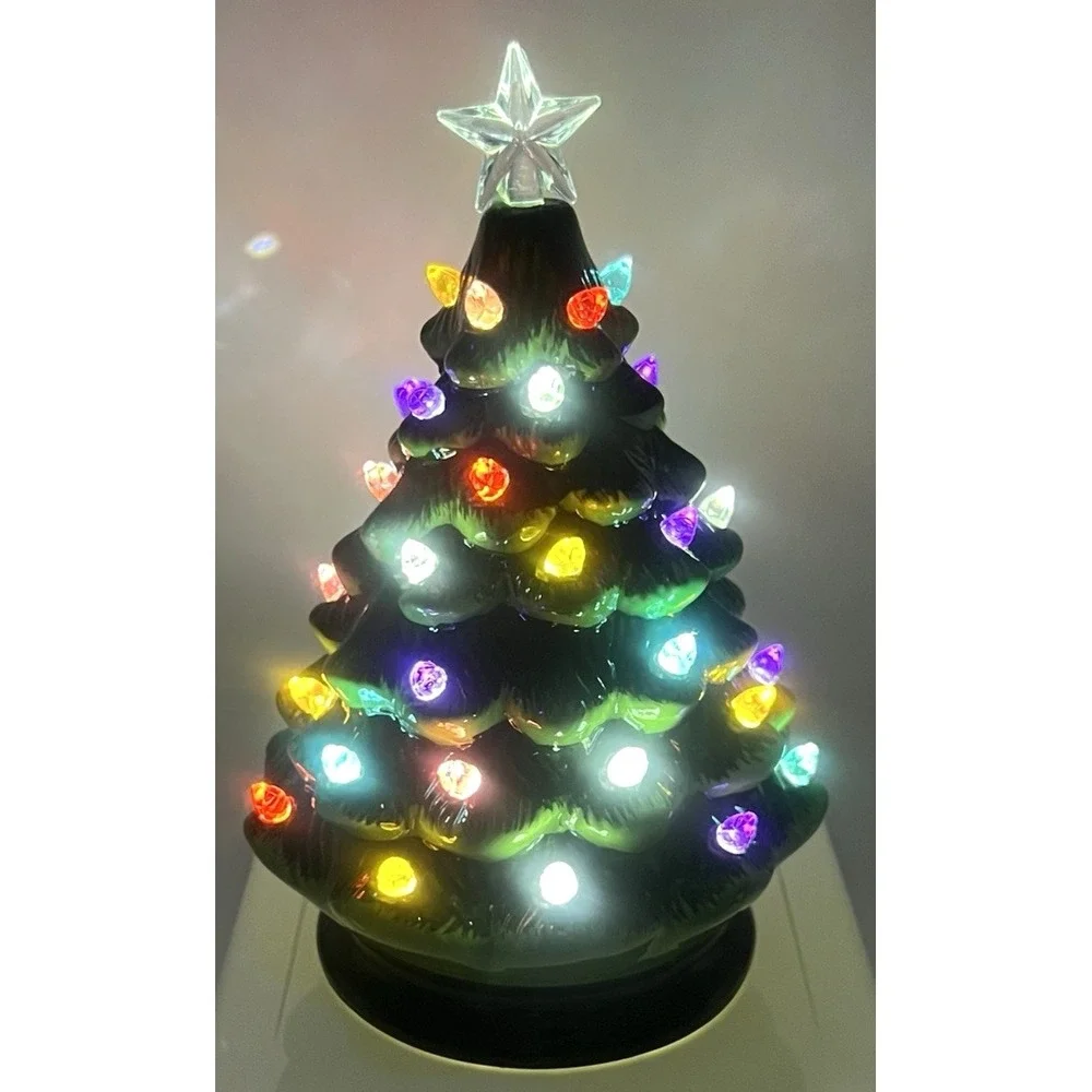 RAZ Imports Green Ceramic Lighted Christmas Tree Multi Color Batteries